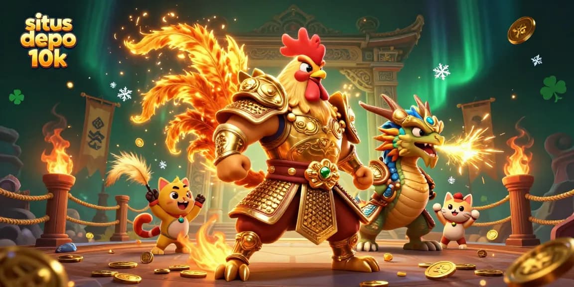Engage in thrilling gameplay and win at situs depo 10k with vibrant 3D illustration of warriors and dragons.