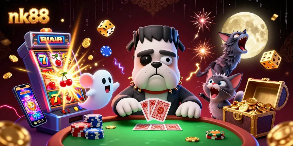 Experience the thrill of nk88 with a vibrant 3D illustration featuring engaging characters and dazzling casino elements.
