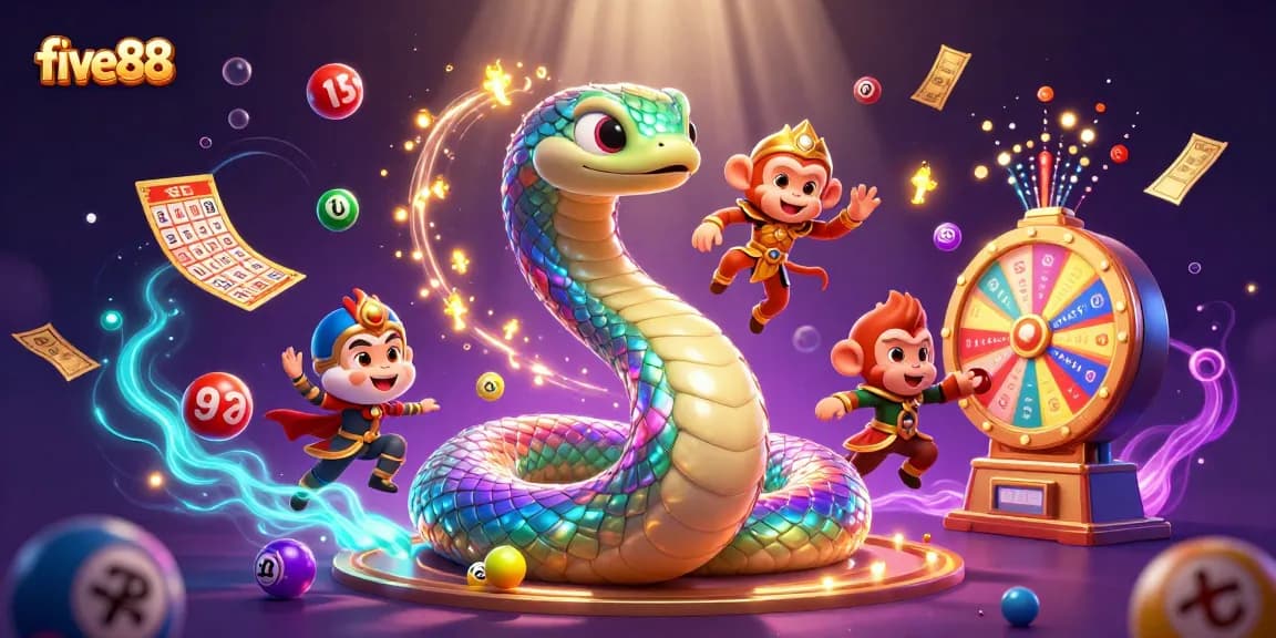 Engage with five88's thrilling lottery action featuring vibrant elements and characters in a magical scene.