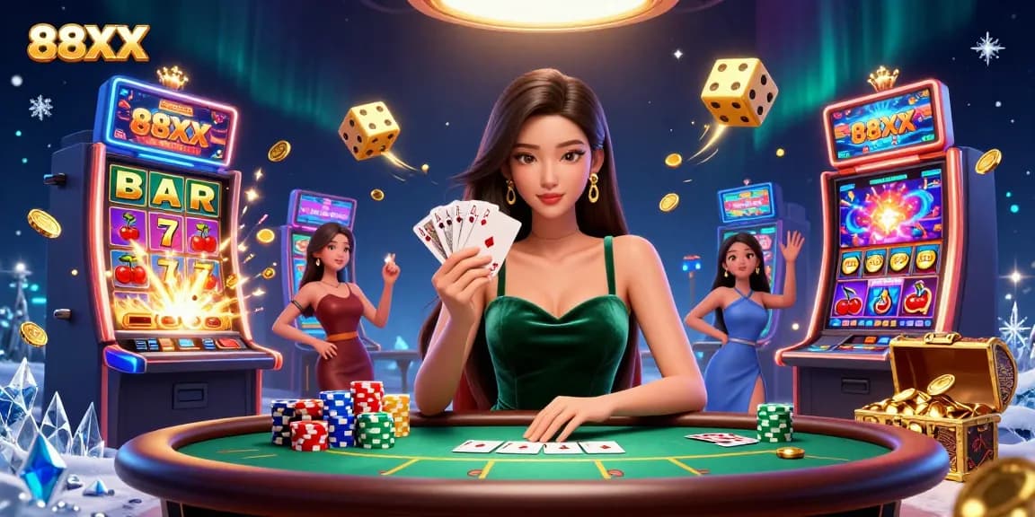 Experience thrilling poker with 88XX through a captivating casino scene with action and elegance.