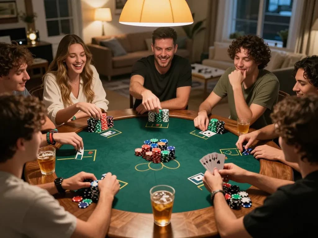 Xin88 players enjoy a lively poker night with chips and drinks on the table