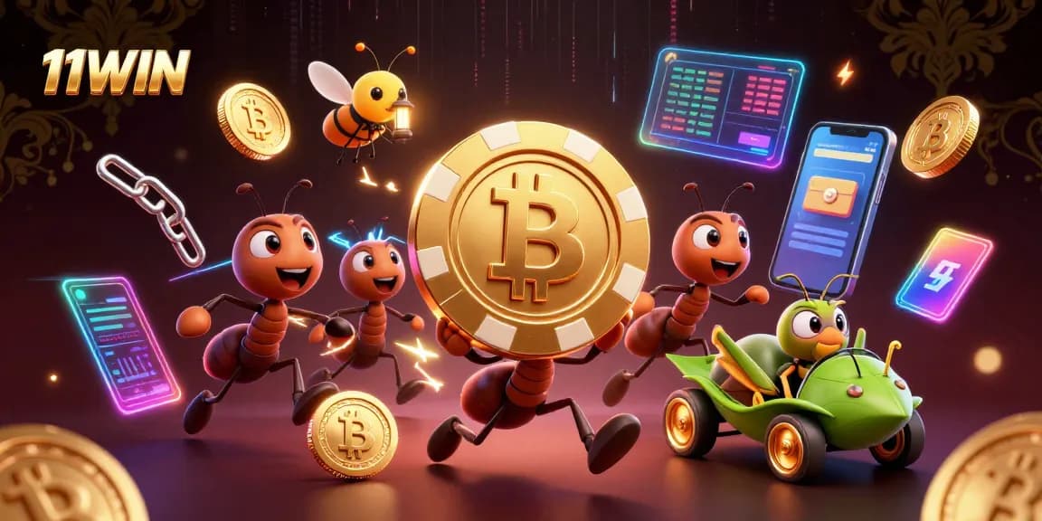 Engage with 11WIN as ants heist golden chips amid vibrant crypto-themed chaos