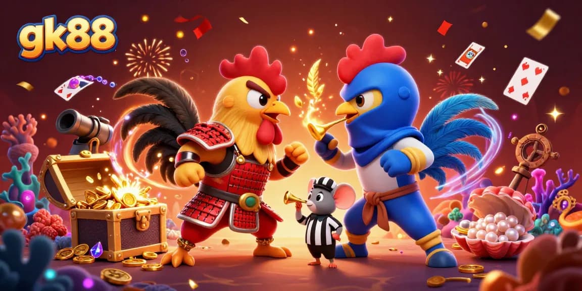 Experience thrilling standoffs with gk88’s vibrant casino-themed illustration featuring cartoon roosters and treasure-filled depths.