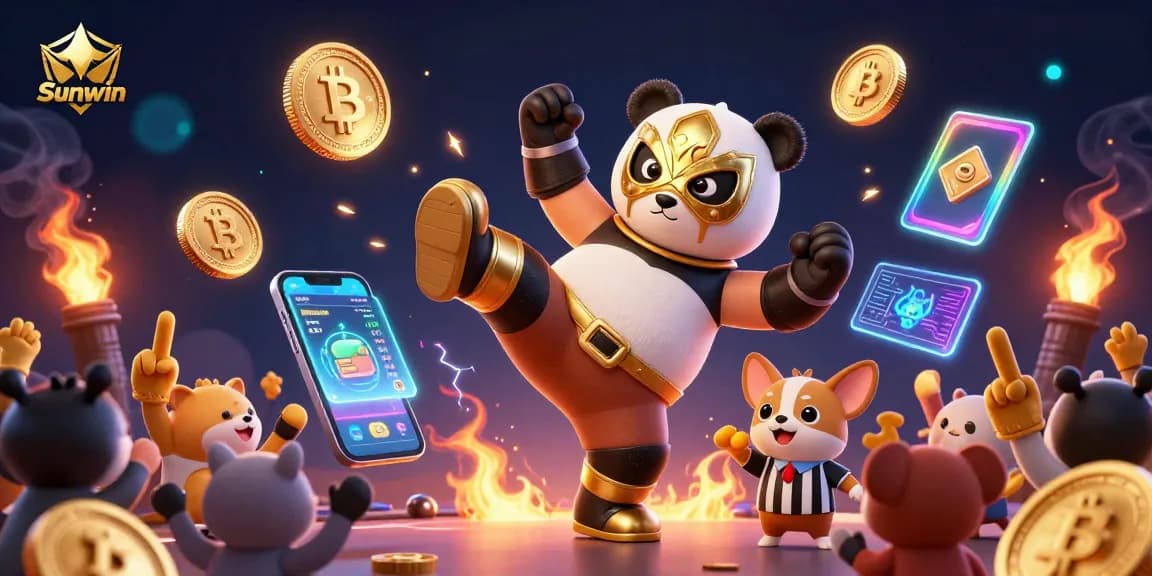 Experience the thrilling Sunwin gaming scene with panda wrestler and crypto elements.