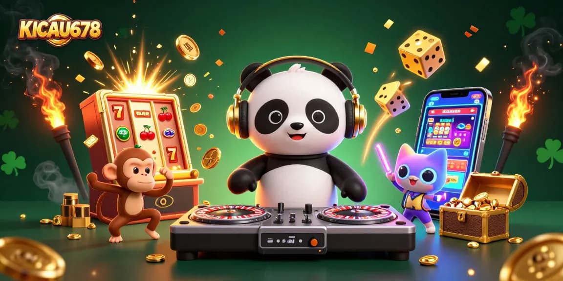 KICAU678 brings excitement alive with a DJ panda and a breakdancing monkey in a vibrant casino scene.