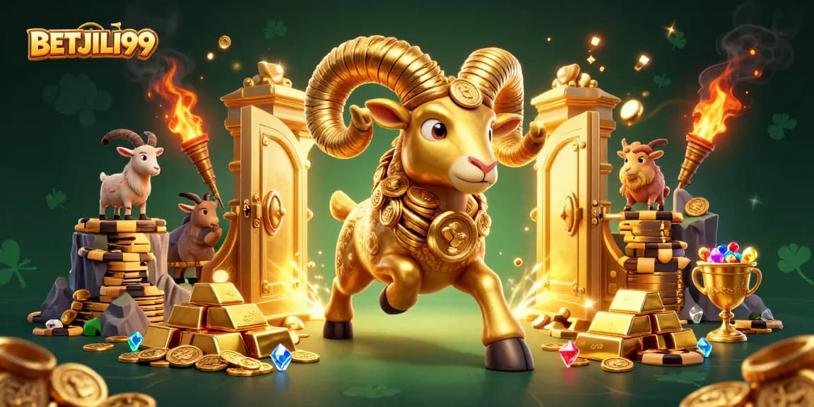 Experience the excitement of BETJILI99 as a golden ram charges towards treasure-filled rewards at the online casino.
