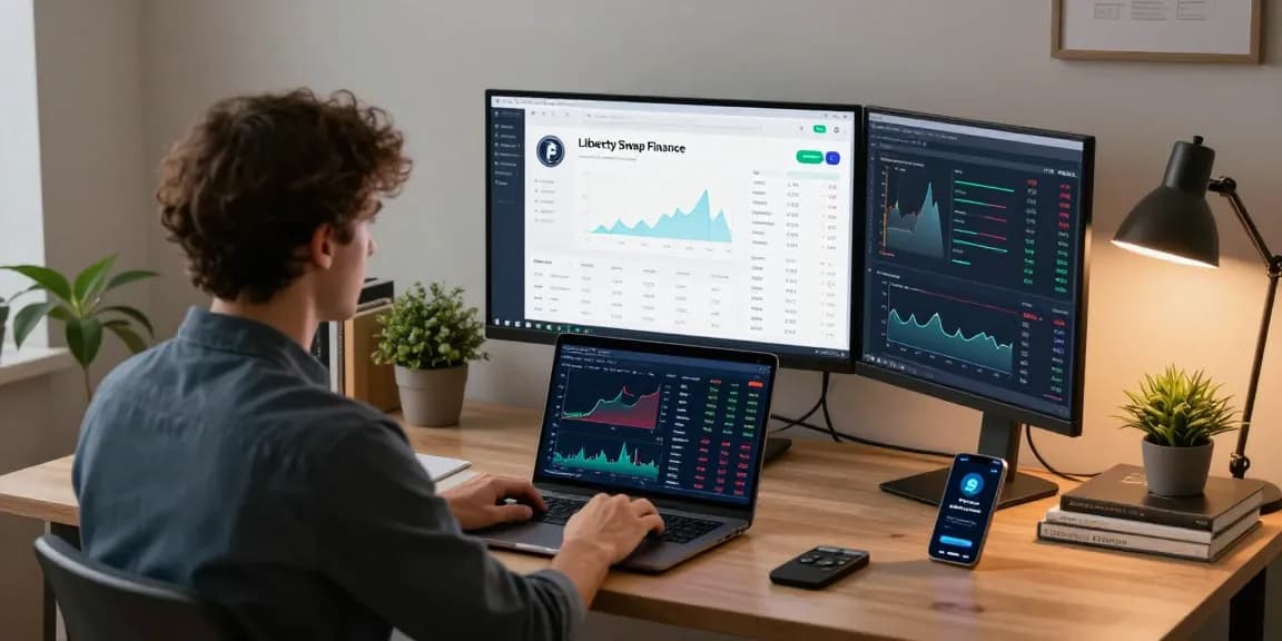 Efficient workspace with cryptocurrency analyst reviewing libertyswap transactions and market data in a professional home office.