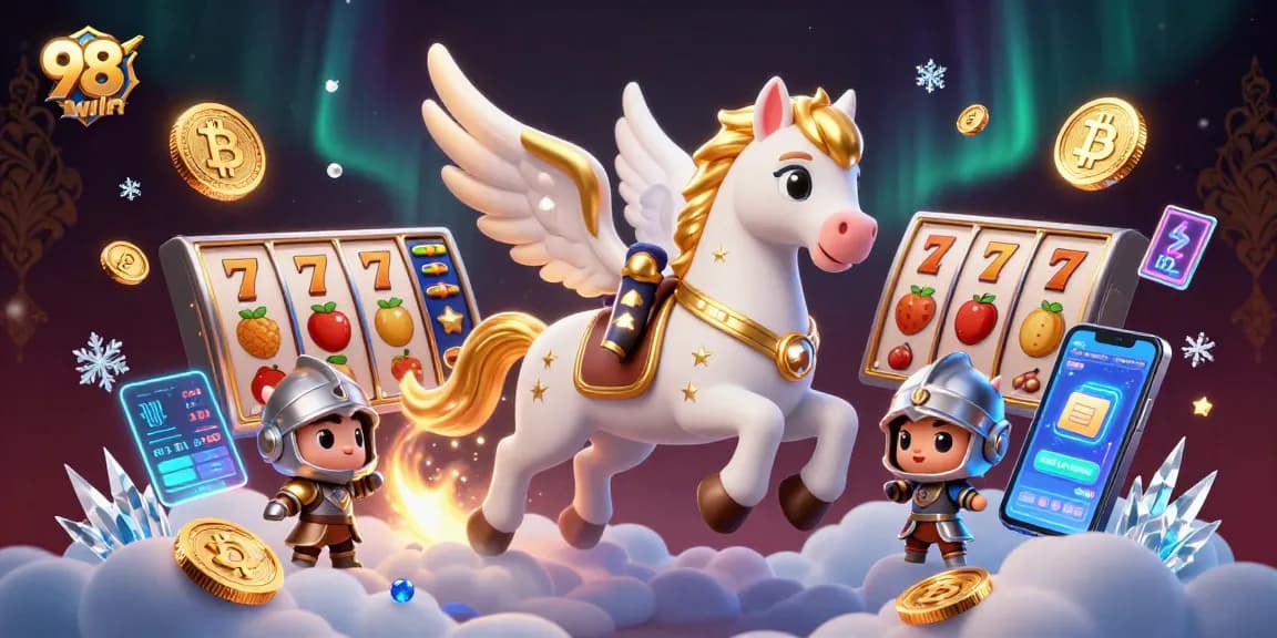 Win big with 98win as the celestial horse and knight race through a vibrant jackpot dreamscape.