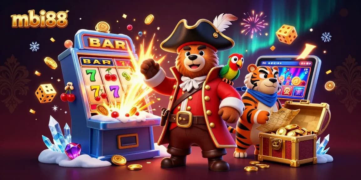 Experience thrilling casino action with mbi88 in a vibrant, packed 3D illustration featuring a pirate bear and tiger
