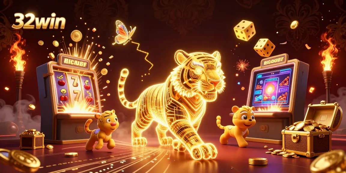 Engage in exciting gameplay at 32win, featuring a golden tiger and vibrant casino elements.