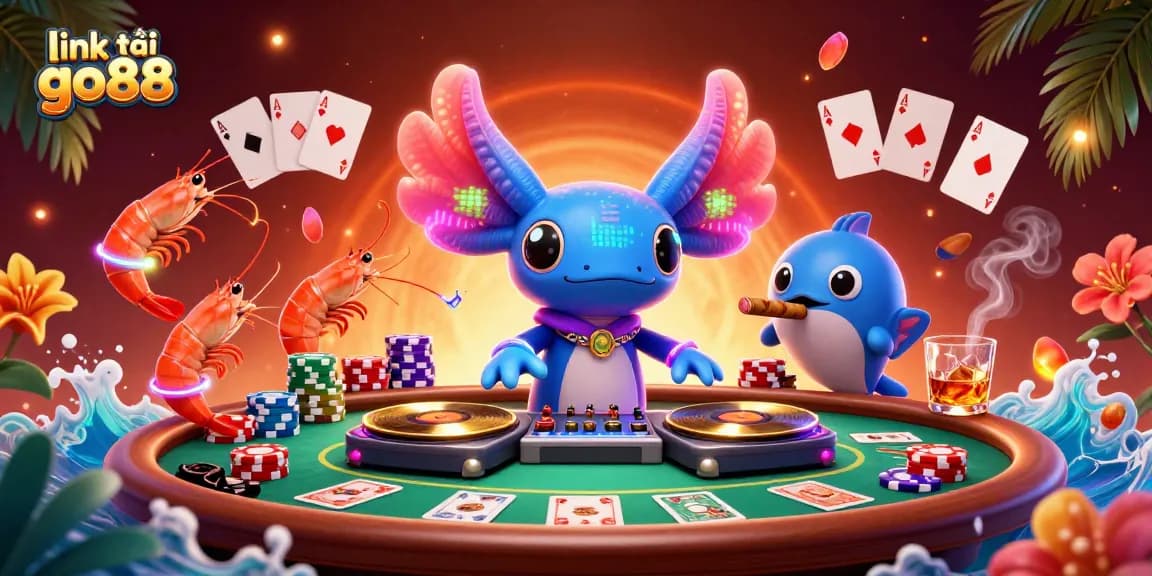 Experience lively gaming with link tải go88 featuring a neon axolotl DJ, vibrant poker elements, and energetic characters.