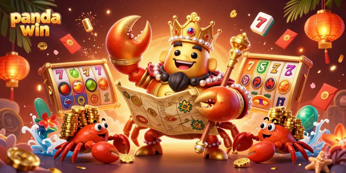 Panda win slots action with a golden crab emperor and treasure map amidst vivid casino elements.