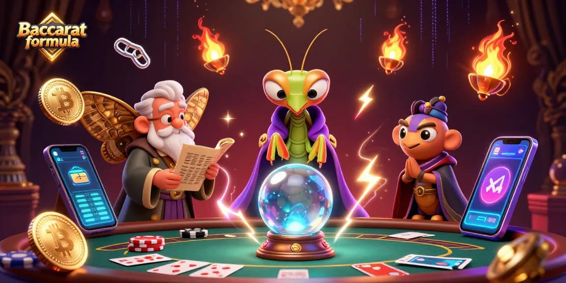 Baccarat formula illustrated with a mystical fortune teller and gambler elements, showcasing strategy and gameplay excitement.