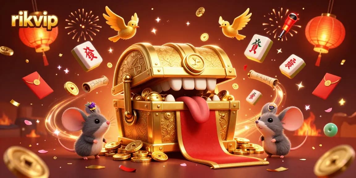Experience thrills at rikvip with a dynamic scene of a treasure chest and gaming elements.