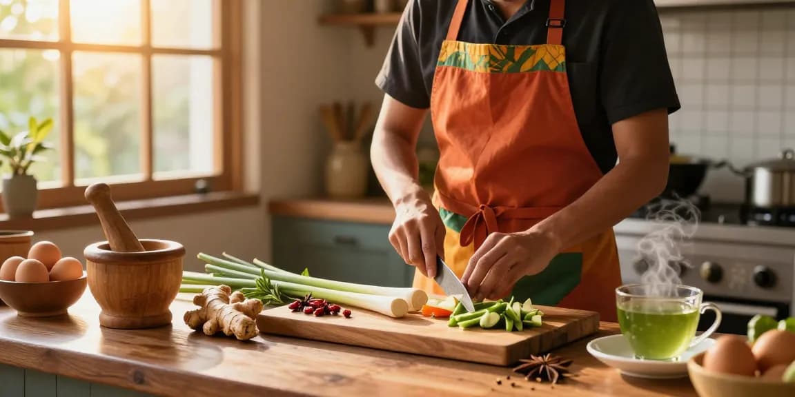 Chef preparing fresh Thai dishes with ginger and lemongrass in a vibrant kitchen.