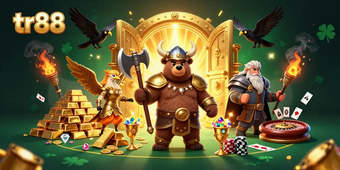 Engage with thrilling games at tr88: a vibrant 3D illustration showcasing Viking and Valkyrie in a rich gambling atmosphere.