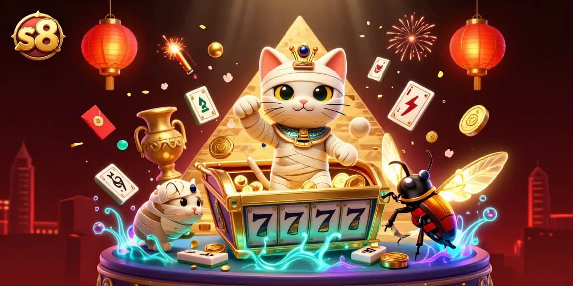 s8 showcases a thrilling online casino scene with an Egyptian mummy cat bursting from a sarcophagus and vibrant game elements.