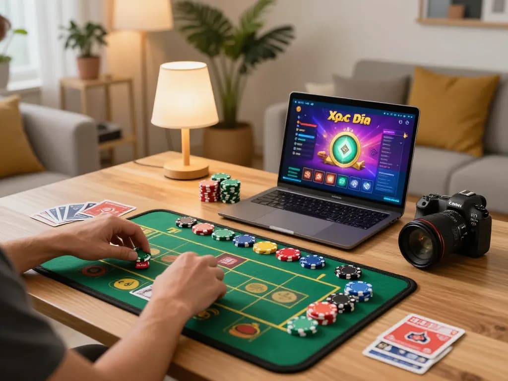 Engaging in Xóc Đĩa online with lively gameplay interface on a laptop in a cozy home setting