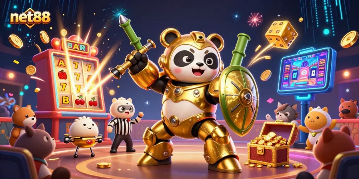 Pilot your fortune with net88's vibrant 3D casino adventure, featuring a mech-suit panda amidst a jackpot scene.