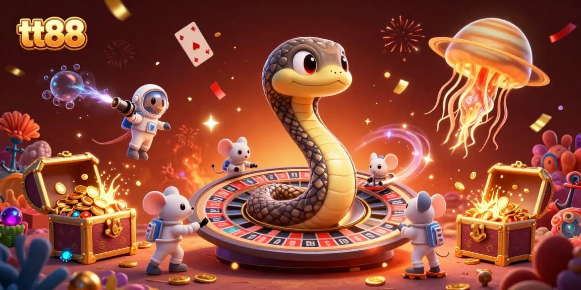 Experience thrilling bets at tt88 with cosmic cartoon characters and vibrant casino elements.