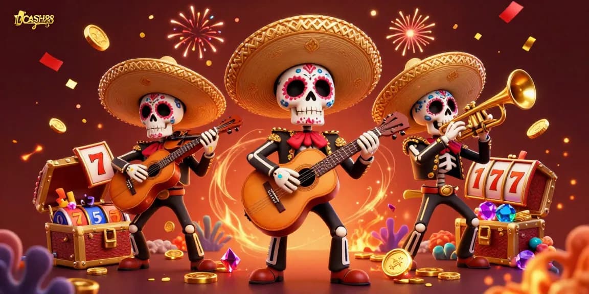 Win big with IDCASH88 in an immersive 3D slot gaming scene featuring vibrant mariachi characters.
