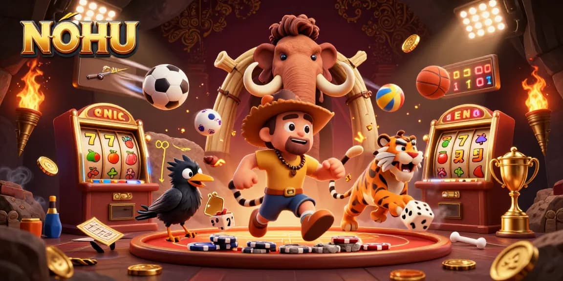 NOHU 3D cartoon illustration of a prehistoric casino with vibrant characters and dynamic game elements.