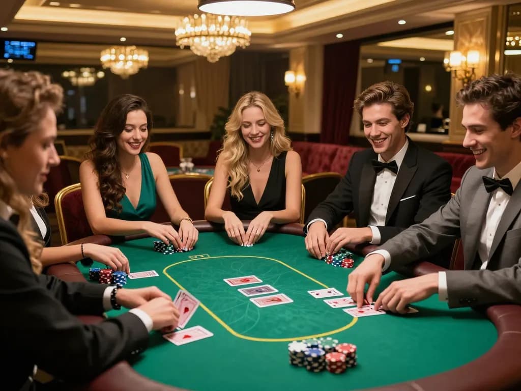 SUNWIN players enjoying an exciting poker game with friends, vibrant casino atmosphere, chips and cards visible.