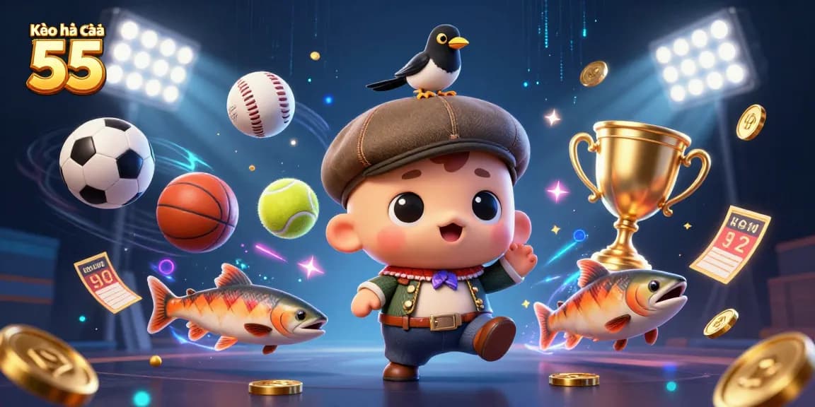 Kèo nhà cái 55 showcases vibrant sports action with playful cartoon characters and dynamic betting elements.