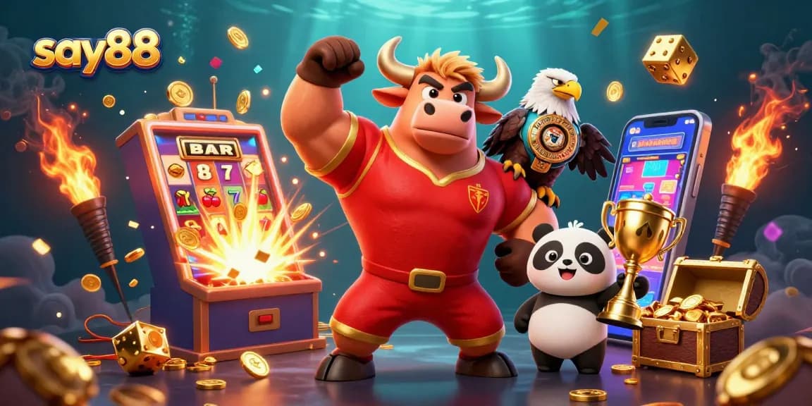 Experience the excitement of say88 with a vibrant scene featuring characters celebrating casino wins.