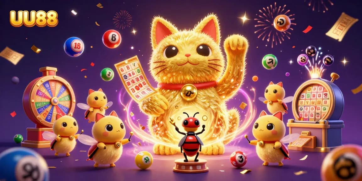 Experience thrilling moments at UU88 with colorful lottery balls and a lucky cat illustration.