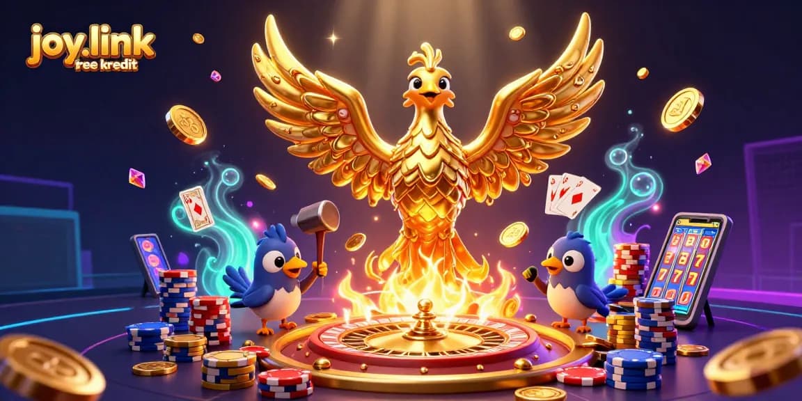 Engage with joy.link free kredit at a vibrant 3D casino scene filled with gold coins and gameplay excitement.