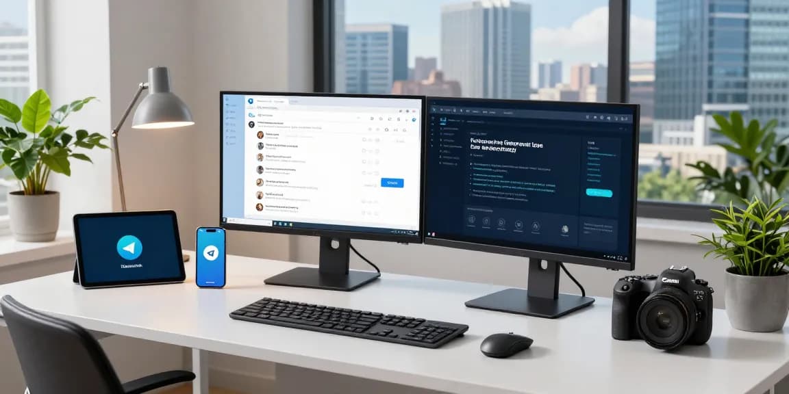 Explore telegramin-cn.com in a modern tech workspace with vibrant devices and bright ambiance.