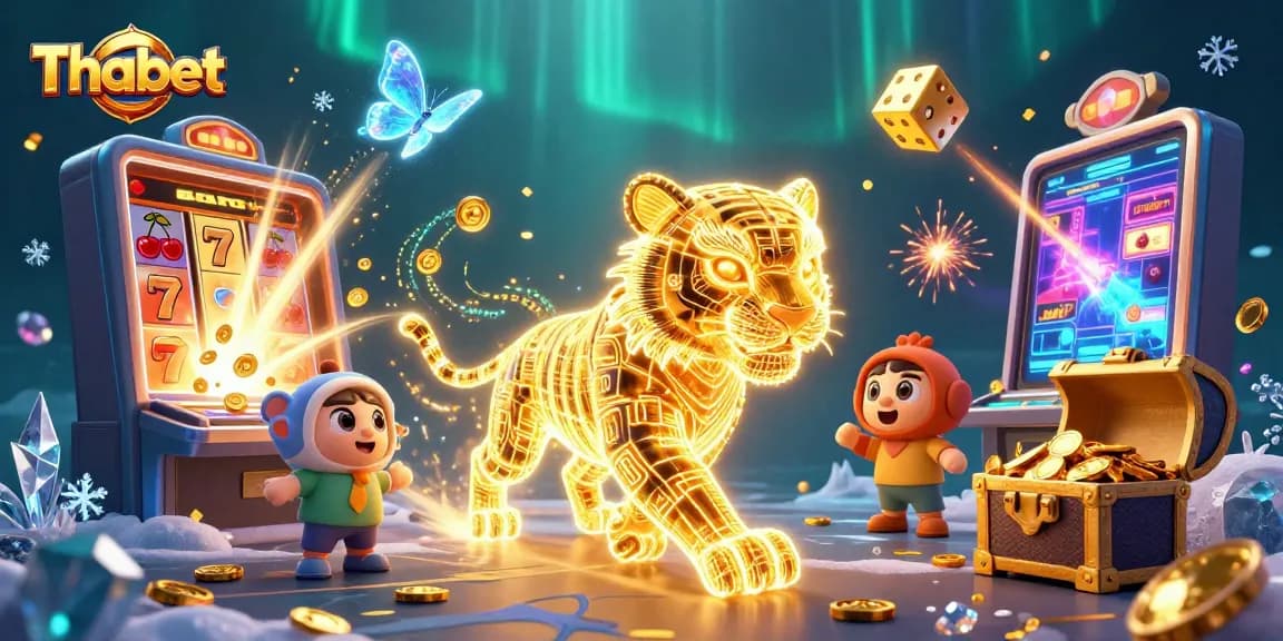 Join the excitement at Thabet with a neon tiger navigating dazzling casino games.
