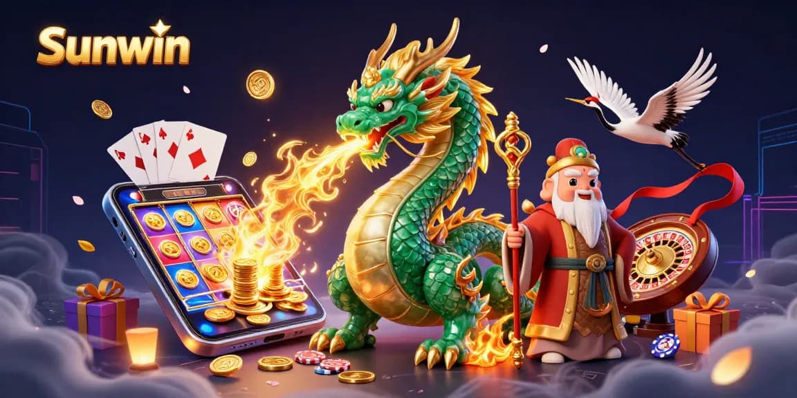 Experience the thrill of Sunwin with a dragon, turtle sage, and lucky cranes in a dynamic casino scene.