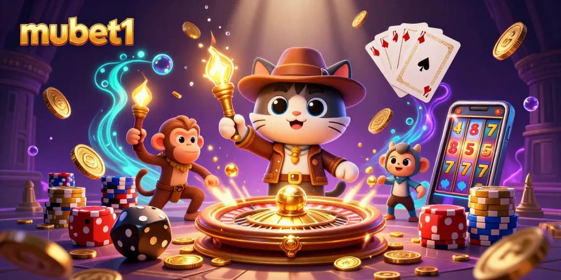 Experience the adventure of mubet1 as our archaeologist cat uncovers casino treasures surrounded by festive gaming elements.
