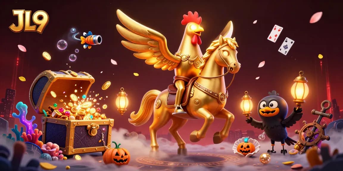 Experience the excitement of JL9 with a golden rooster and mystical characters in a vibrant casino scene full of treasures.