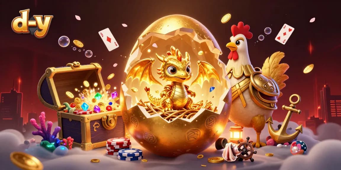 Experience thrilling gameplay at d-y, where a golden dragon emerges from a poker chip nest!