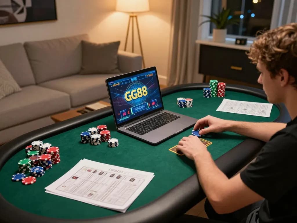 Engaging gameplay on GG88 online casino platform with warm lighting and gaming accessories.