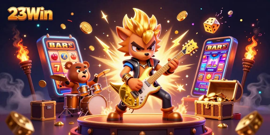 Experience thrilling gameplay at 23Win with a vibrant casino scene featuring dynamic characters, slot machines, and jackpot excitement.