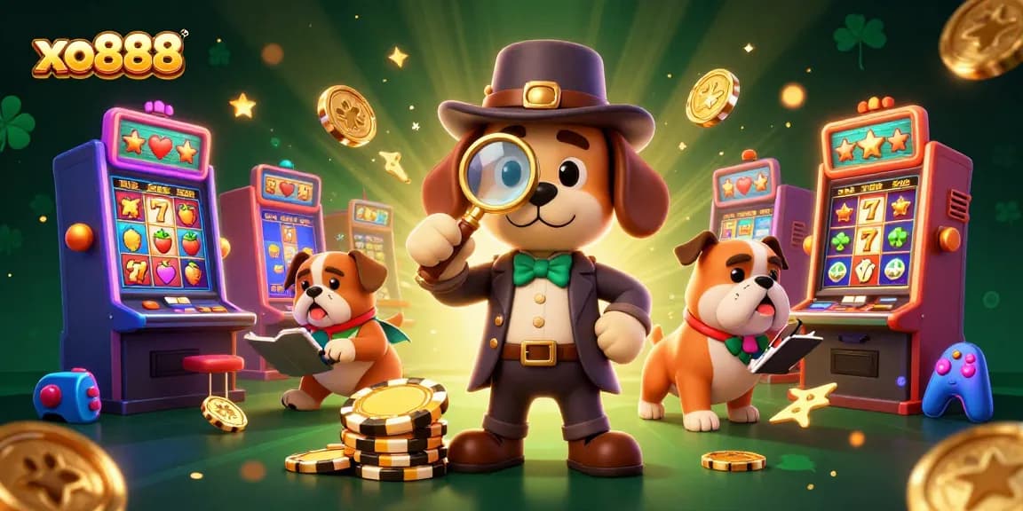 Engage with xo888 at a vibrant casino scene featuring cartoon detective characters uncovering poker chip clues.