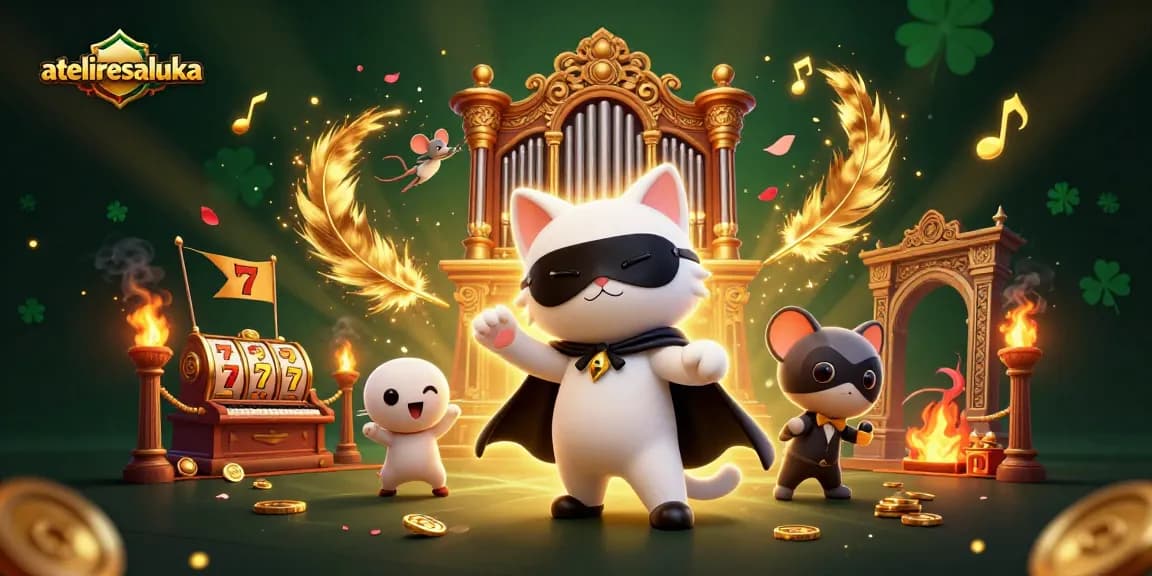 Experience thrilling gaming at ateliersaluka with a mystical cat playing organ, surrounded by vibrant casino elements.