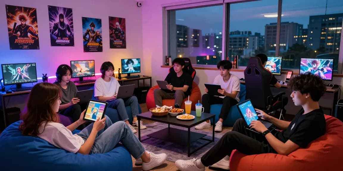 Friends enjoying a hentaigame in a cozy lounge with devices and snacks.