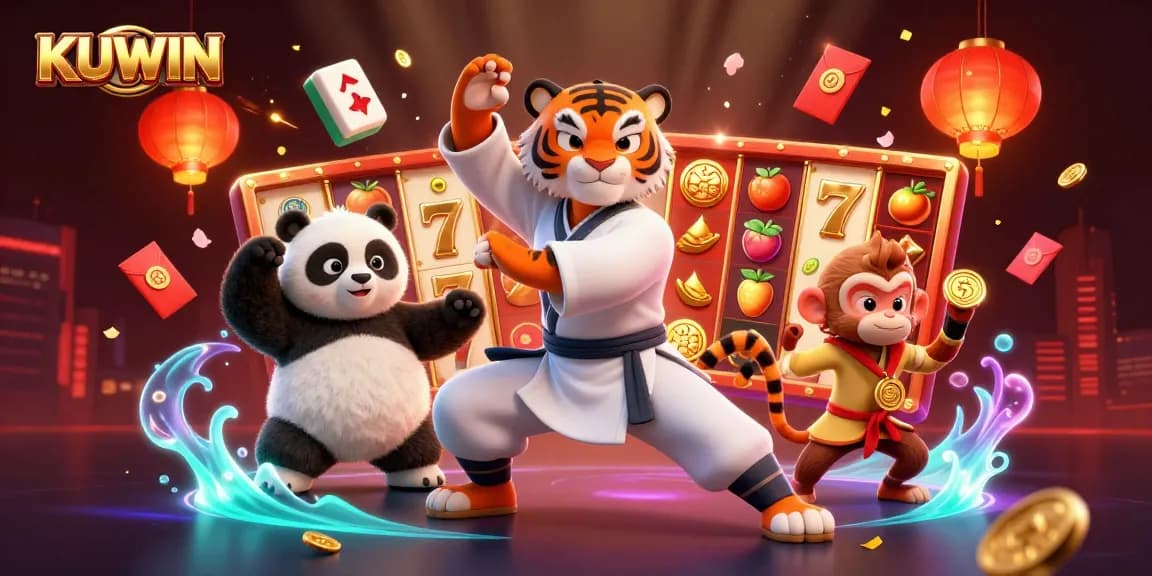 Engage with KUWIN for a thrilling slot experience featuring vibrant characters and festive casino elements.