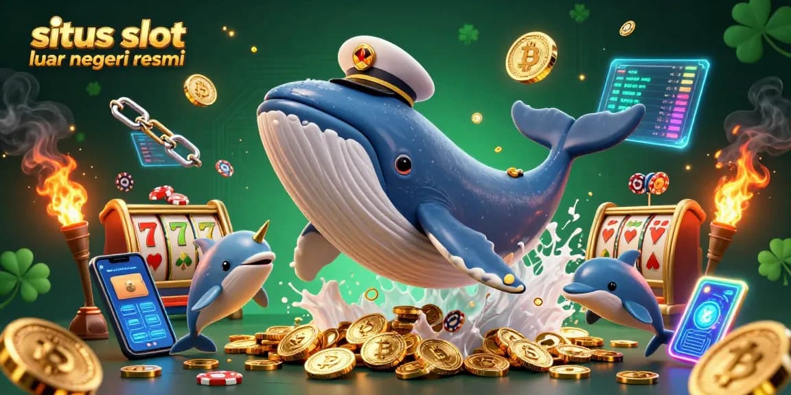 Situs slot luar negeri resmi showcases a vibrant 3D scene with a whale, narwhal, and dolphins in a dynamic gambling atmosphere.