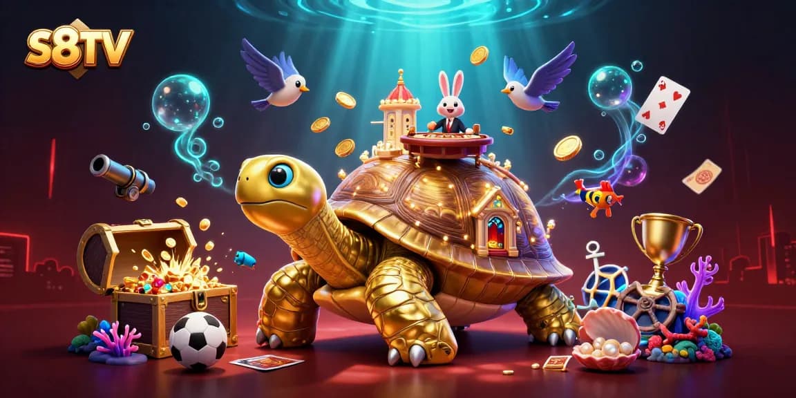 Experience thrilling sports betting action with S8TV's vibrant 3D casino scene showcasing a golden tortoise and live dealer.