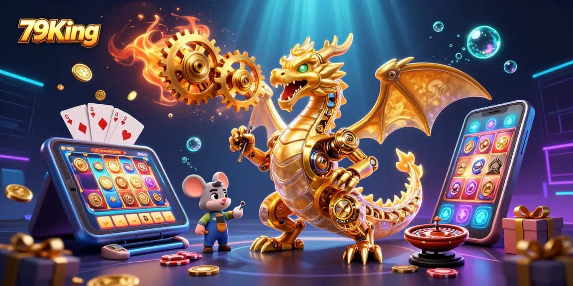 Experience thrilling gameplay with 79King's dynamic casino scene featuring slots, cards, and golden dragon.