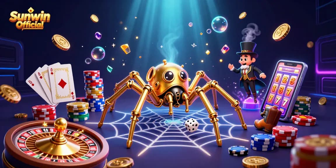 Engage with Sunwin Official's captivating games involving a golden spider web of poker chips and dazzling coins.