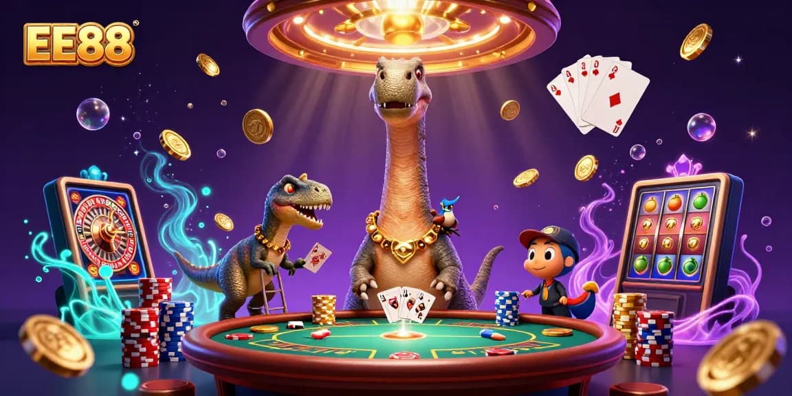 EE88 slots-themed illustration with a brontosaurus, raptor dealer, and dynamic gaming elements