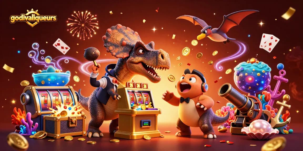 godivaliqueurs slot scene with pachycephalosaurus winning on a golden machine and coins flying