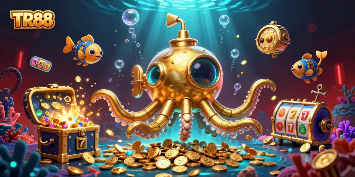 Engage with TR88 in vibrant casino magic, featuring a golden kraken submarine amidst golden coins and slot reels.